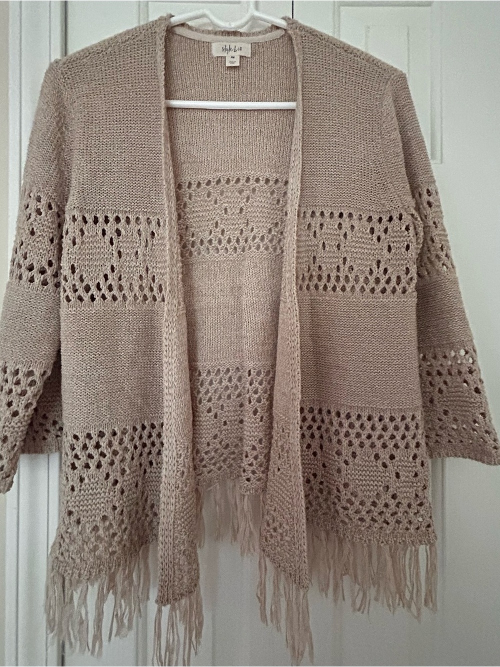 Style & Co. Beige Open-Front Crochet Fringe Cardigan